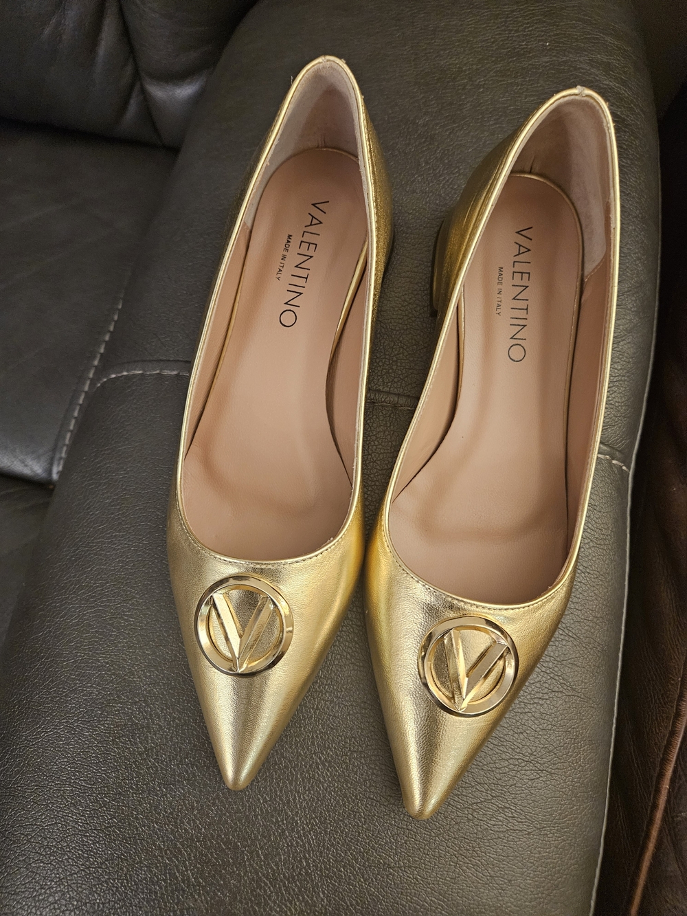 Valentino Metallic Gold Pointed-Toe Logo Flats